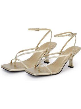Women's Gold Leather Lace Up Square Flip Flop High Heels Strappy Sandals
